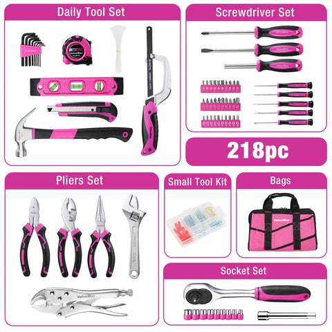 Pink 218-Piece Go-To Home Repair Tool Kit With Wide Mouth Storage Bag For DIY Projects shown with tools and bag