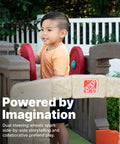 Child playing on Woodland Climber II Kids Playset With Toddler Slide And Climbing Wall, using dual steering wheels, backyard setup