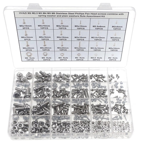 Built Different Heavy Duty 304 Stainless Steel Metric Fastener Assortment Kit Covering M2 Through M6 Phillips Pan Head Combination Screws Matching Hex Nuts in clear organizer.