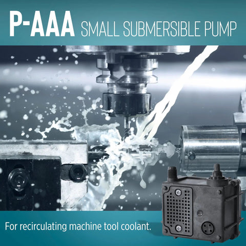 Compact 120 GPH Submersible Water Pump With Six Foot Cord For Fountains And Hydroponic Systems Plug And Play Setup Built Tough Glass Filled Nylon Housing Smooth Oil Filled Motor Works Like A Charm, shown with water spray in machine tool application.