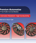 SPAL 12 Inch Curved Blade Puller Radiator Cooling Fan High Performance Electric With 12 Volt Motor Generating Over Twelve Hundred Cubic Feet Per Minute Airflow visible from multiple angles.