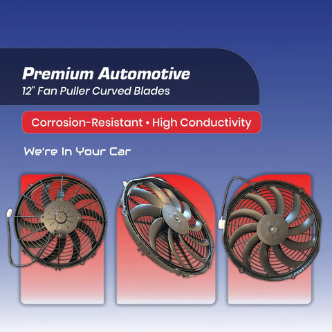 SPAL 12 Inch Curved Blade Puller Radiator Cooling Fan High Performance Electric With 12 Volt Motor Generating Over Twelve Hundred Cubic Feet Per Minute Airflow visible from multiple angles.
