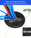 Beat The Wire Chaos With 2 Pack Round Brush Grommets 4 Inch Split Plate For Smooth Cord Routing Raised Floor Cable Manager Plus Dust Blocker showing organized cables through a grommet.