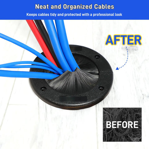 Beat The Wire Chaos With 2 Pack Round Brush Grommets 4 Inch Split Plate For Smooth Cord Routing Raised Floor Cable Manager Plus Dust Blocker showing organized cables through a grommet.