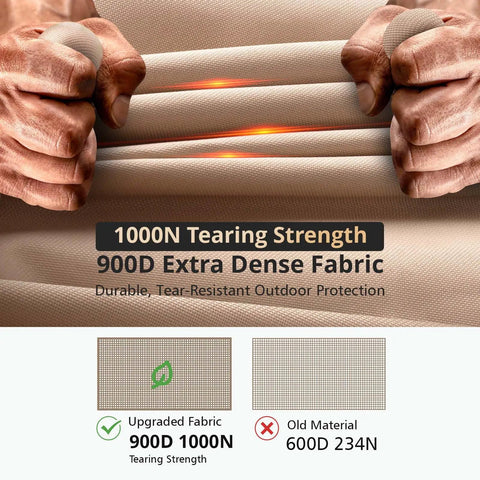 Hands stretching 900D extra dense fabric with focus on tearing strength for Beefy 36 Inch Round Fire Pit Cover Heavy Duty 900D Tear Resistant Waterproof UV Resistant Fade Resistant For Outdoor Fire Pits Up To 36 Inch Diameter 24 Inch High All Weather Protective Cover.