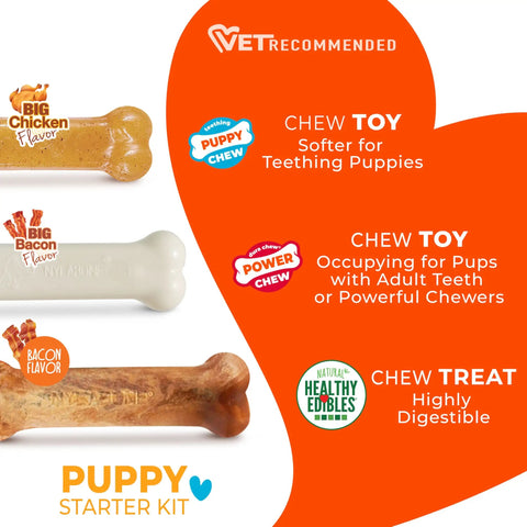Puppy Teething Starter Kit With 2 Chew Toys And 1 Natural Treat For Puppies Bacon And Chicken Flavor Small Dogs Up To 25 Lbs 3 Pack