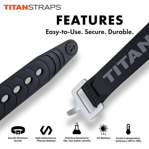 Close-up of Industrial Tie Down Straps Beefy Heavy Duty 70 lb Working Load showing aircraft aluminum buckle and features