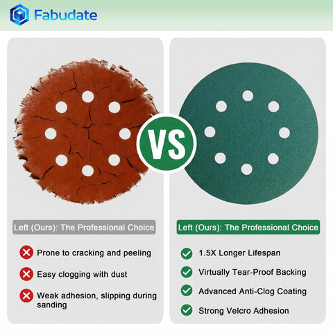Comparison of sanding discs: old worn disc vs Get The Heavy Duty 5 Inch 8 Hole 150 Grit Hook Loop Sanding Discs Wet Dry.