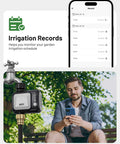 Smart WiFi Sprinkler Timer With Rain Delay shown with app interface and user controlling irrigation from a smartphone in garden