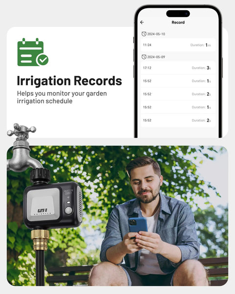 Smart WiFi Sprinkler Timer With Rain Delay shown with app interface and user controlling irrigation from a smartphone in garden