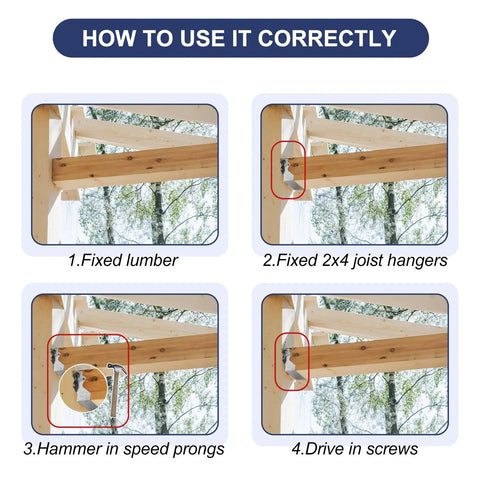 Instructional guide displaying steps to install 2x4 Joist Hangers For Wood 20 Gauge Galvanized Face Mount Bracket Set For Deck