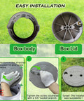 Hella Durable Ten Inch Underground Electrical Junction Box With Easy Remove Lid For Outdoor Wire Splices and In Ground Circuit Connections Built Tough Solid Polyethylene installation guide showing box body and lid.