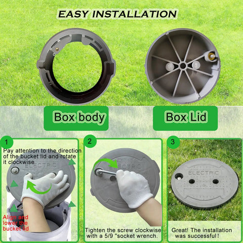 Hella Durable Ten Inch Underground Electrical Junction Box With Easy Remove Lid For Outdoor Wire Splices and In Ground Circuit Connections Built Tough Solid Polyethylene installation guide showing box body and lid.