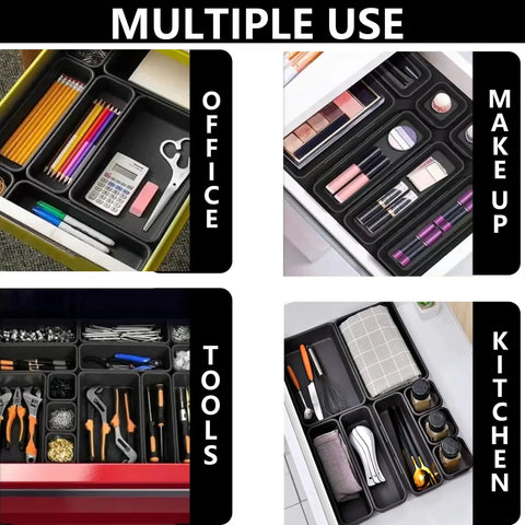 65 Piece Toolbox Organizer Trays Set With Five Sizes for office, makeup, tools, and kitchen drawer storage.