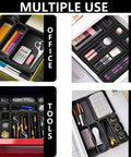 50 Pack Tool Box Organizer Tray Set With 3 Size Trays for desk drawer, organized with stationery, makeup, tools, and utensils.