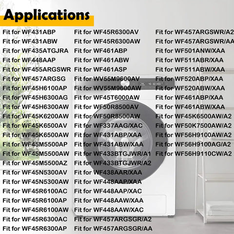 Applications list for Heavy Duty Washer Tub Seal And Bearing Kit Compatible With Samsung Machines, fitting various models.