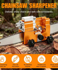 Manual Chain Saw Sharpener Kit With Hand Crank Portable Sharpener for household chainsaw chains, shown with chain and crank mechanism.