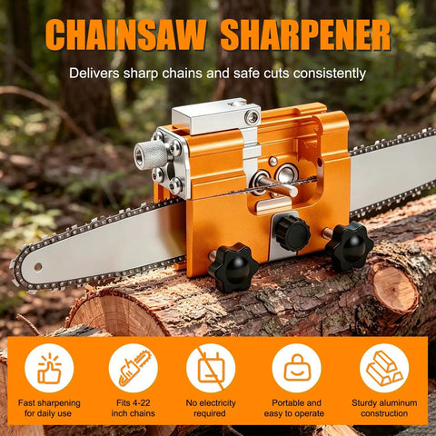 Manual Chain Saw Sharpener Kit With Hand Crank Portable Sharpener for household chainsaw chains, shown with chain and crank mechanism.