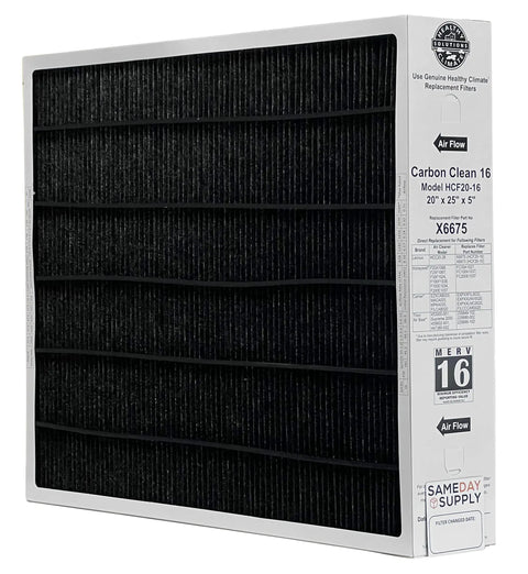 Healthy Climate MERV 16 Carbon Clean Filter Bundle with Same Day Supply magnet, actual size 20.75 x 24.75 x 4.38 inches, side view