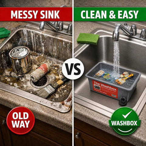 Comparison of a messy sink versus a clean sink using the Sink Insert For Easy Paint Cleanup With Brush And Roller Cleaner Tray.