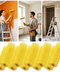 Pro Level Polyurethane Sponge Paint Roller Covers 10 Pack for Ultra Smooth Textured Walls displayed with painters and tools.