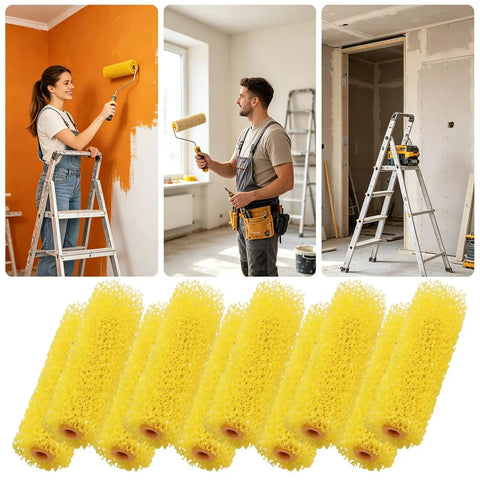 Pro Level Polyurethane Sponge Paint Roller Covers 10 Pack for Ultra Smooth Textured Walls displayed with painters and tools.
