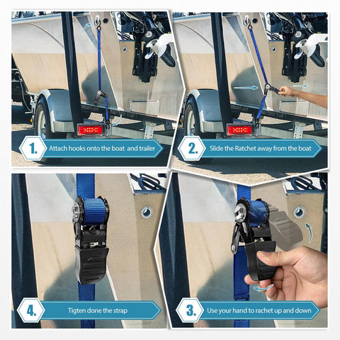 Installation steps for Heavy Duty 1 Inch By 4 Foot Boat Trailer Tie Down Straps with Ratchet Buckle and Quick Release Hooks