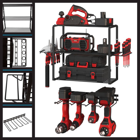 Power Tool Organizer Wall Mount Garage Shelf System, Heavy Duty 4 Tier Storage Rack With 140lb Capacity, tools shown