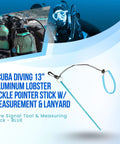 13 Inch Aluminum Lobster Tickle Pointer Stick With Lanyard And Measurement Guide, showing scuba gear background