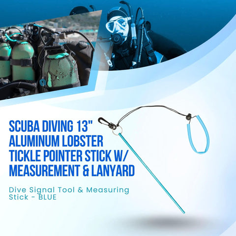 13 Inch Aluminum Lobster Tickle Pointer Stick With Lanyard And Measurement Guide, showing scuba gear background