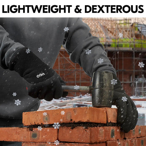 Person wearing Five Pairs Freezer Winter Work Gloves With Double Lining And Rubber Latex Coating For Outdoor Heavy Duty Tasks In Cold Weather Size M Black RB6032 Built For Tough Jobs And All Weather Grippy Palm handling bricks in snow