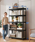 Beefy Heavy Duty Garage Storage Shelf System With 2180 Lbs Total Capacity Five Tier Adjustable Steel Shelves Tall 72 Inch Garage Rack For Basement Kitchen Pantry Black Finish in living room, dimensions shown.