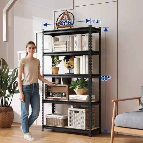 Beefy Heavy Duty Garage Storage Shelf System With 2180 Lbs Total Capacity Five Tier Adjustable Steel Shelves Tall 72 Inch Garage Rack For Basement Kitchen Pantry Black Finish in living room, dimensions shown.