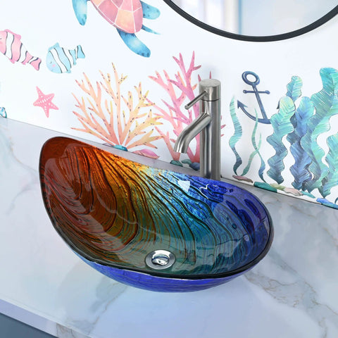 Tempered Glass Vessel Sink Waterdrop Shape For Above Counter Vanity With Wow Worthy Gradient Colors And Wave Texture