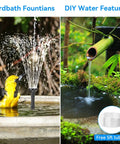 Image of a birdbath fountain and a DIY water feature using a Solar Fountain Pump For Bird Bath With Built In 6W Solar Panel And 3000mAh Battery Backup Dry Run Protection Double Layer Nozzles 5Ft Tubing Ideal For Ponds And Water Features Keeps It Running On Cloudy Days.