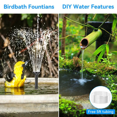 Image of a birdbath fountain and a DIY water feature using a Solar Fountain Pump For Bird Bath With Built In 6W Solar Panel And 3000mAh Battery Backup Dry Run Protection Double Layer Nozzles 5Ft Tubing Ideal For Ponds And Water Features Keeps It Running On Cloudy Days.