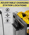 Heavy Duty 6 Tier Power Tool Organizer Cart With Built In Charging Station showing adjustable charging outlets.