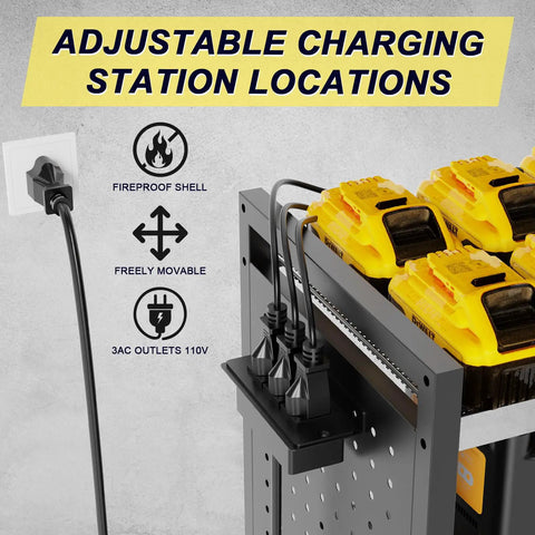 Heavy Duty 6 Tier Power Tool Organizer Cart With Built In Charging Station showing adjustable charging outlets.