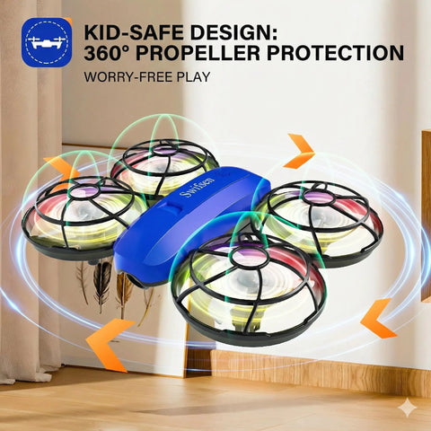 Kid Friendly Camera Drone For Indoor Flying, No Brainer Beginner Mini Quad with propeller guard in a child's room, altitude hold.