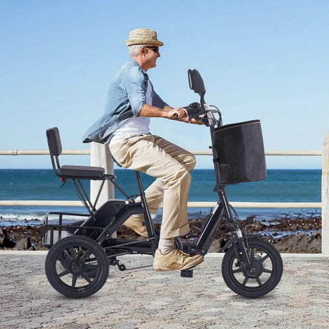 Three Wheel Electric Trike For Adults With 500W Peak Brushless Motor Foldable Ebike 480Wh Removable Battery Easy Step Through Frame Two Seats Up To 45 Miles Stable Senior Friendly Ride Gift For Parents, side view