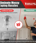 Comparison of Paint Proof Magnetic Fire Sprinkler Head Covers 10 Pack Reusable Overspray Shields For Contractor Renovation and Interior Painting Jobsites In Bold Red, showcasing traditional taping vs. magnetic cover installation.