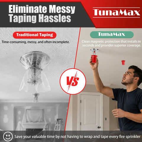 Comparison of Paint Proof Magnetic Fire Sprinkler Head Covers 10 Pack Reusable Overspray Shields For Contractor Renovation and Interior Painting Jobsites In Bold Red, showcasing traditional taping vs. magnetic cover installation.
