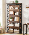 Heavy Duty Six Tier Industrial Bookshelf With Fresh X Pattern Accents 71 Inch Tall solid wood unit displaying books and decor.