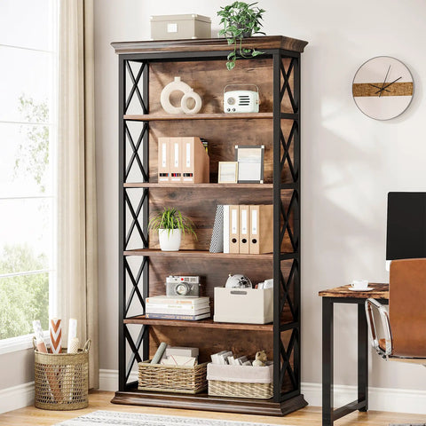 Heavy Duty Six Tier Industrial Bookshelf With Fresh X Pattern Accents 71 Inch Tall solid wood unit displaying books and decor.