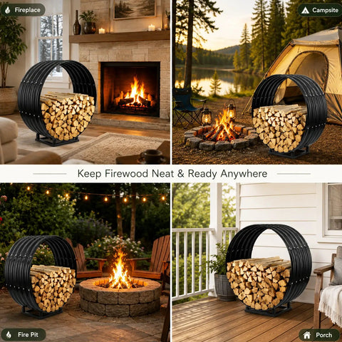 32 Inch Firewood Hoop Rack With Rustproof Cover, Heavy-Duty Wood Storage Stand Holds 500 Lbs, Round Fireplace Log Holder For Patio Deck Or Porch in various settings
