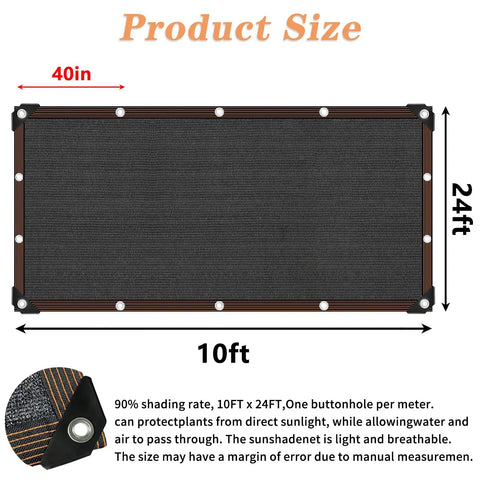 Heavy Duty Sun Shade Cloth 10x24 Foot Mesh Tarp With Grommets For Garden Greenhouse Patio Pergola And Chicken Coop 80 To 90 Percent Shade Cloth Cover For Outdoor Plants And Backyard Spaces, product dimensions illustration