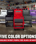 Five rolling tool chests with drawers and locking steel cabinet power outlets in grey, purple, red, black, white in garage.
