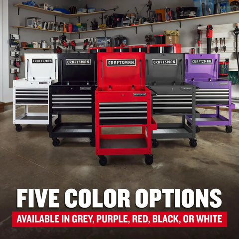 Five rolling tool chests with drawers and locking steel cabinet power outlets in grey, purple, red, black, white in garage.