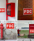 Rock Solid 2 Pack FDC Sign For Fire Department Connection Made From Premium Aluminum Outdoor Plaque shown in various locations.