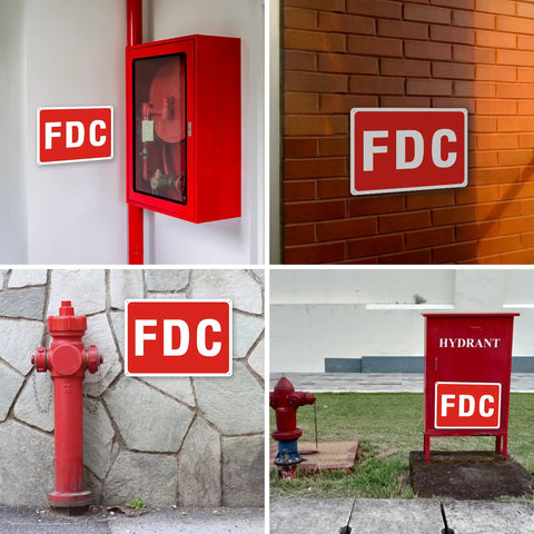 Rock Solid 2 Pack FDC Sign For Fire Department Connection Made From Premium Aluminum Outdoor Plaque shown in various locations.